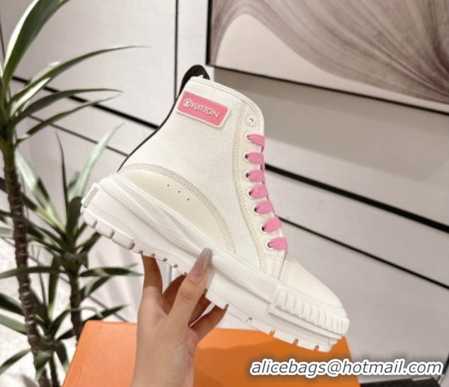 Stylish Louis Vuitton Canvas and Leather High Top Sneakers White/Light Pink 2025 LV082903 0829043