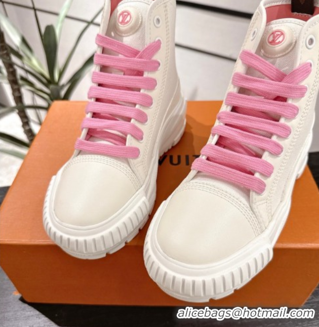 Stylish Louis Vuitton Canvas and Leather High Top Sneakers White/Light Pink 2025 LV082903 0829043