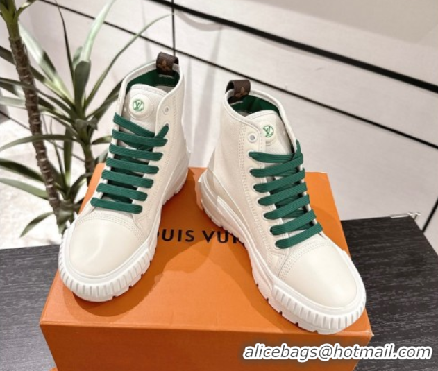 Fashion Louis Vuitton Canvas and Leather High Top Sneakers White/Green 2025 LV082903 0829044