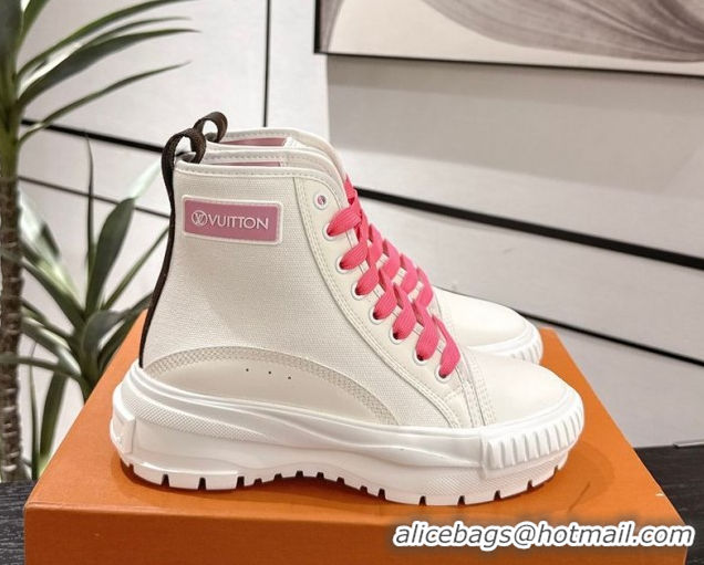 Louis Vuitton Canvas and Leather High Top Sneakers White/Dark Pink 2025 LV082903 0829045
