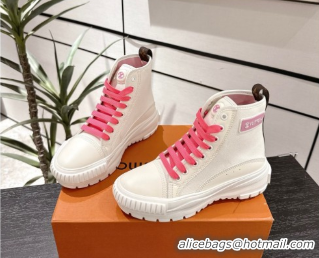Louis Vuitton Canvas and Leather High Top Sneakers White/Dark Pink 2025 LV082903 0829045