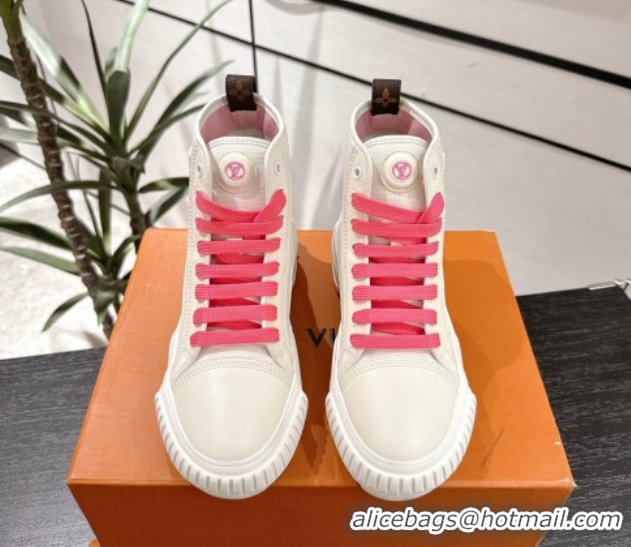Louis Vuitton Canvas and Leather High Top Sneakers White/Dark Pink 2025 LV082903 0829045