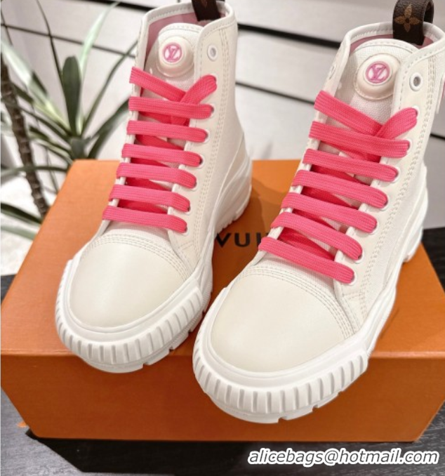 Louis Vuitton Canvas and Leather High Top Sneakers White/Dark Pink 2025 LV082903 0829045