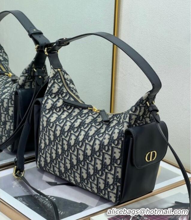 Good Quality Dior D-Dream Medium Bag in Blue Oblique Jacquard and Black Smooth Calfskin D9087 2025