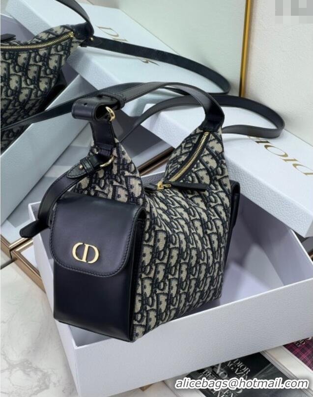 Good Quality Dior D-Dream Medium Bag in Blue Oblique Jacquard and Black Smooth Calfskin D9087 2025