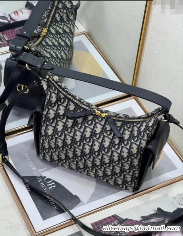 Good Quality Dior D-Dream Medium Bag in Blue Oblique Jacquard and Black Smooth Calfskin D9087 2025