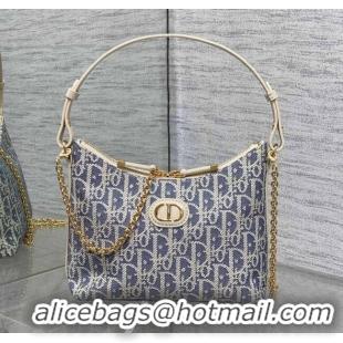 New Fashion Dior Miss Caro Diorling Mini Bag with Chain in Blue Dior Oblique Chambray with Raffia Effect and White Calfs