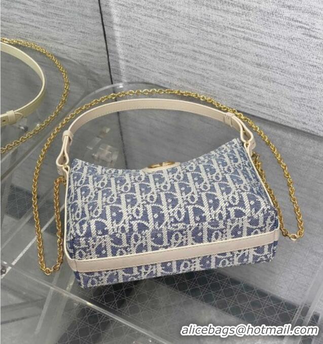 New Fashion Dior Miss Caro Diorling Mini Bag with Chain in Blue Dior Oblique Chambray with Raffia Effect and White Calfs