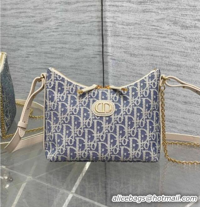 New Fashion Dior Miss Caro Diorling Mini Bag with Chain in Blue Dior Oblique Chambray with Raffia Effect and White Calfs
