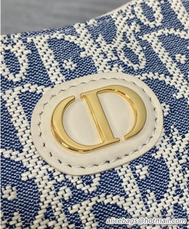 New Fashion Dior Miss Caro Diorling Mini Bag with Chain in Blue Dior Oblique Chambray with Raffia Effect and White Calfs