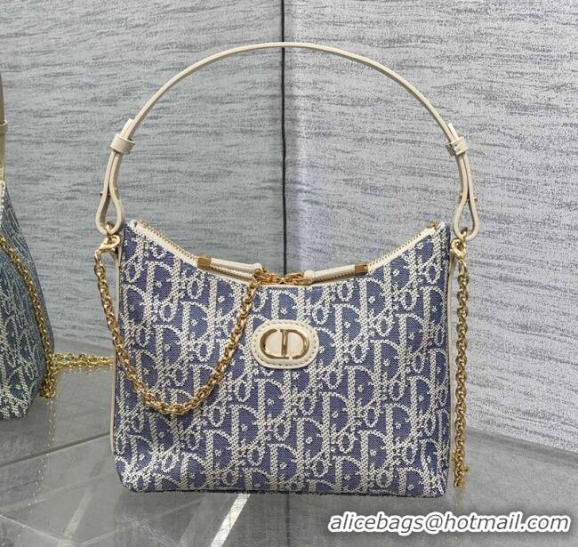 New Fashion Dior Miss Caro Diorling Mini Bag with Chain in Blue Dior Oblique Chambray with Raffia Effect and White Calfs