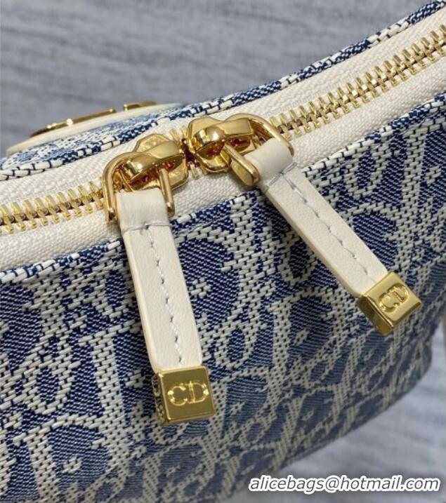 New Fashion Dior Miss Caro Diorling Mini Bag with Chain in Blue Dior Oblique Chambray with Raffia Effect and White Calfs