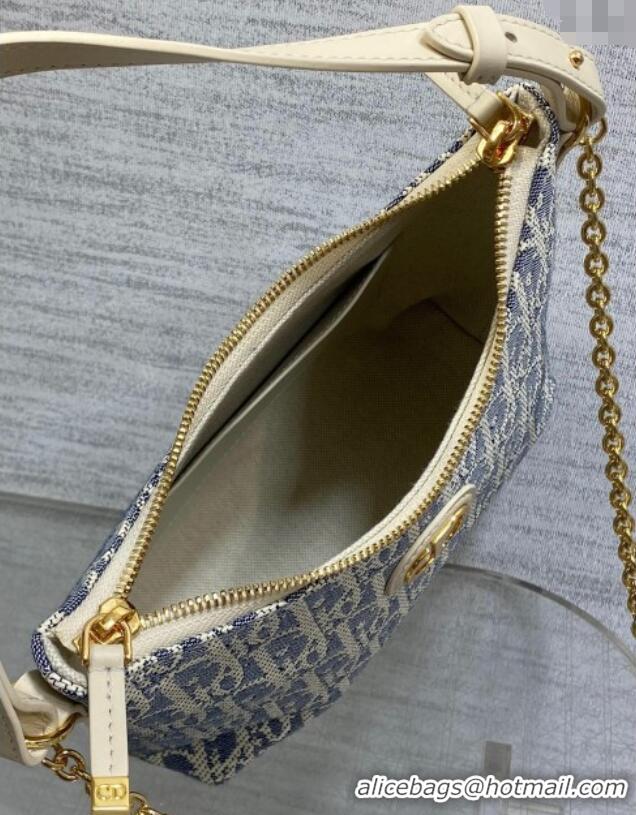 New Fashion Dior Miss Caro Diorling Mini Bag with Chain in Blue Dior Oblique Chambray with Raffia Effect and White Calfs
