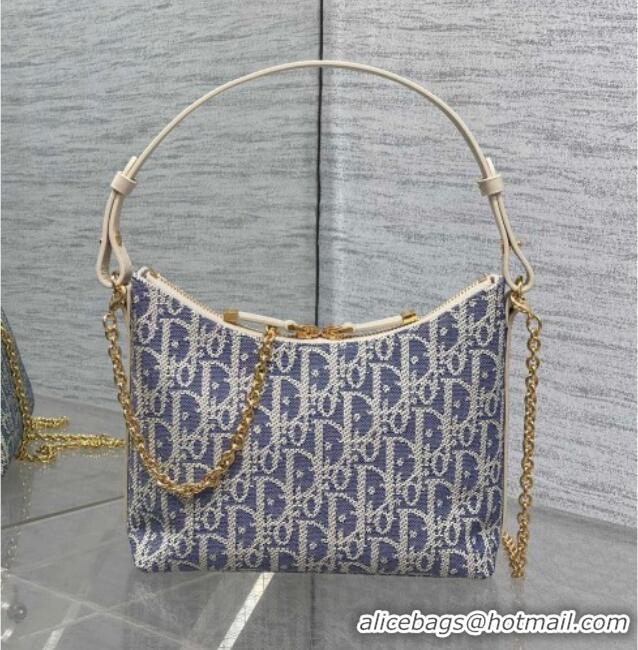 New Fashion Dior Miss Caro Diorling Mini Bag with Chain in Blue Dior Oblique Chambray with Raffia Effect and White Calfs