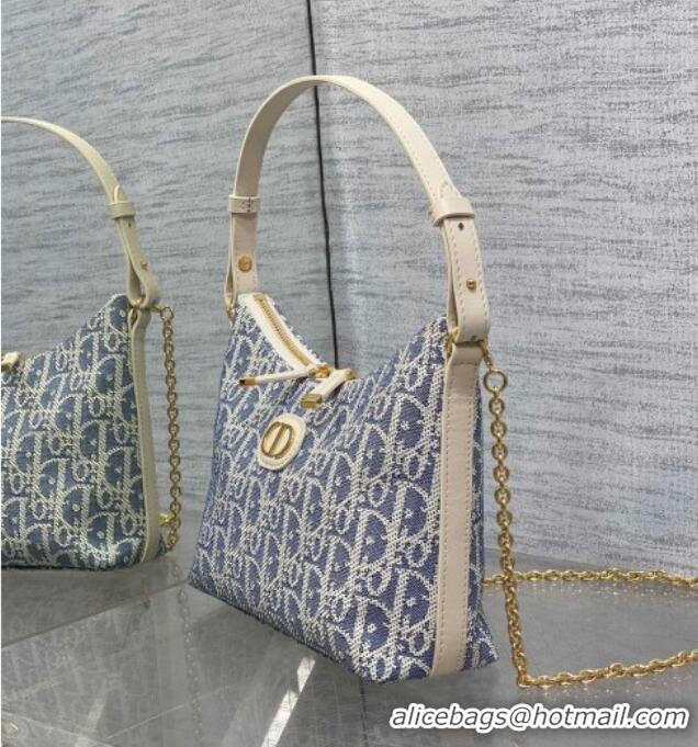 New Fashion Dior Miss Caro Diorling Mini Bag with Chain in Blue Dior Oblique Chambray with Raffia Effect and White Calfs