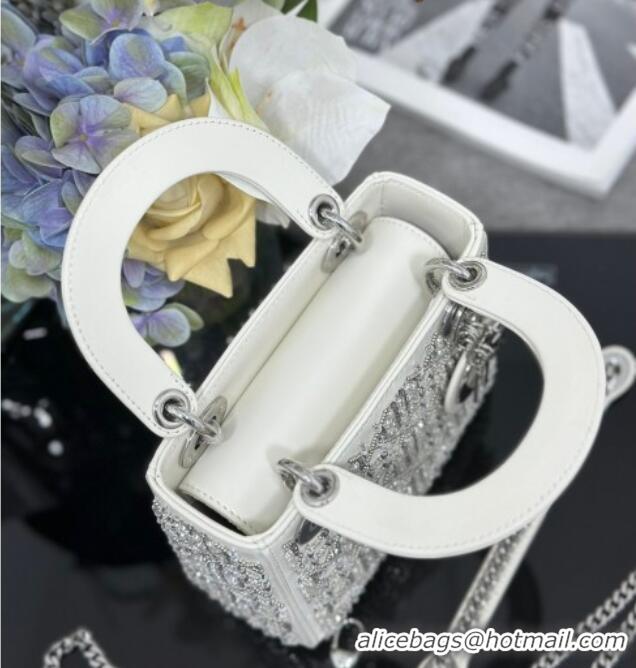 Good Product Dior Mini Lady Bag in Embroidered with Silver Beads and Strass 0929 White 2025