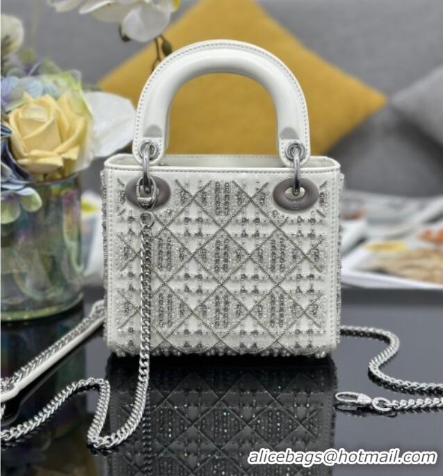 Good Product Dior Mini Lady Bag in Embroidered with Silver Beads and Strass 0929 White 2025