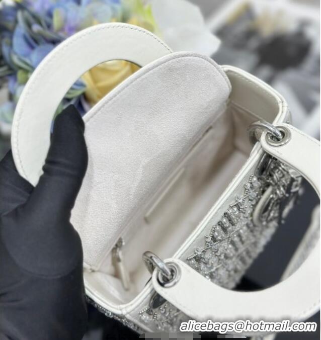 Good Product Dior Mini Lady Bag in Embroidered with Silver Beads and Strass 0929 White 2025