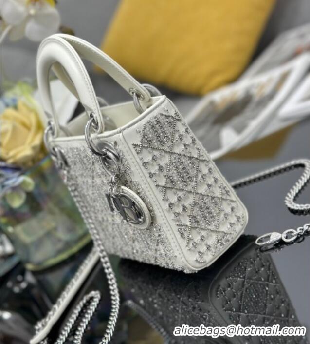 Good Product Dior Mini Lady Bag in Embroidered with Silver Beads and Strass 0929 White 2025