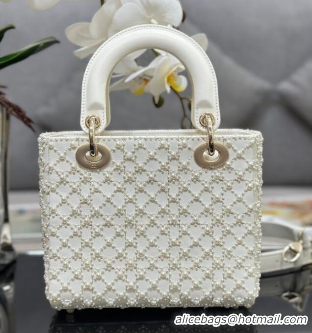 Top Quality Dior Small Lady Bag in Embroidered with Pearls 0929 White 2025