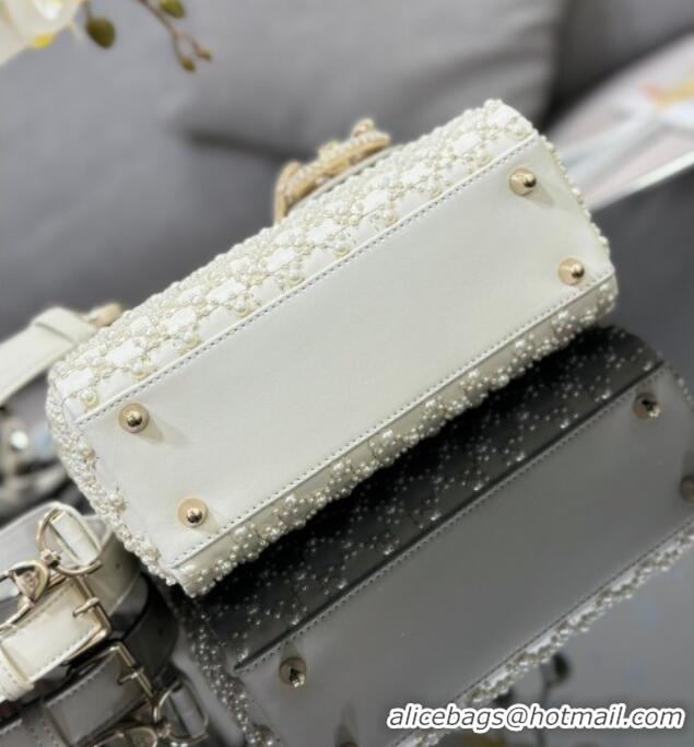 Top Quality Dior Small Lady Bag in Embroidered with Pearls 0929 White 2025