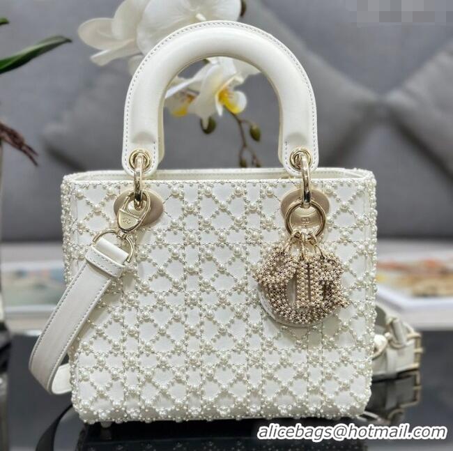 Top Quality Dior Small Lady Bag in Embroidered with Pearls 0929 White 2025