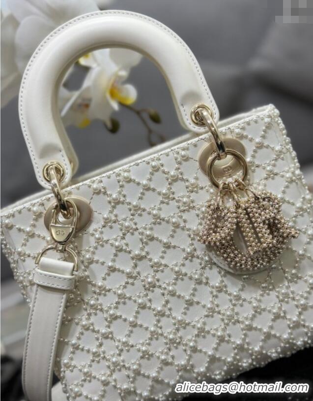 Top Quality Dior Small Lady Bag in Embroidered with Pearls 0929 White 2025