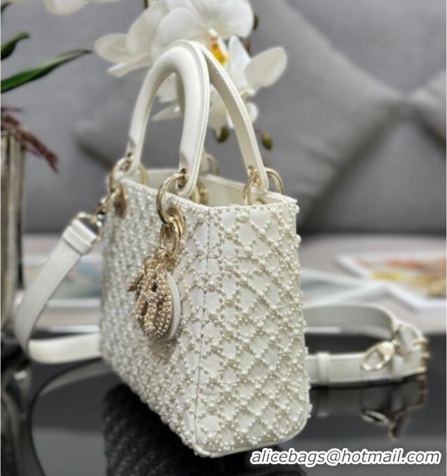 Top Quality Dior Small Lady Bag in Embroidered with Pearls 0929 White 2025