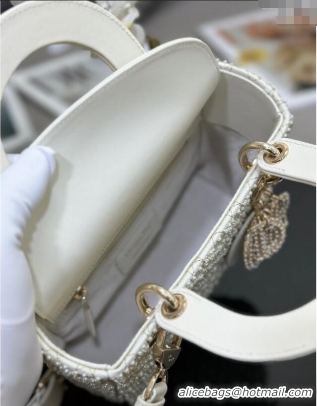Top Quality Dior Small Lady Bag in Embroidered with Pearls 0929 White 2025