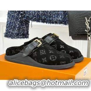 Purchase Louis Vuitton LV To-Go Flat Comfort Clog Mules in Suede with Buckle Black 1AHLVU 0829084