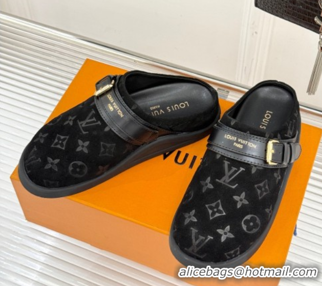 Purchase Louis Vuitton LV To-Go Flat Comfort Clog Mules in Suede with Buckle Black 1AHLVU 0829084