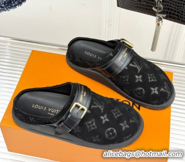 Purchase Louis Vuitton LV To-Go Flat Comfort Clog Mules in Suede with Buckle Black 1AHLVU 0829084