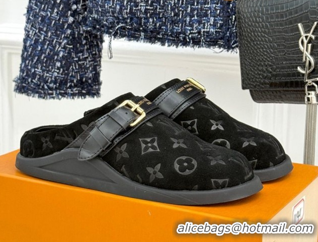 Purchase Louis Vuitton LV To-Go Flat Comfort Clog Mules in Suede with Buckle Black 1AHLVU 0829084