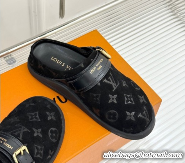 Purchase Louis Vuitton LV To-Go Flat Comfort Clog Mules in Suede with Buckle Black 1AHLVU 0829084