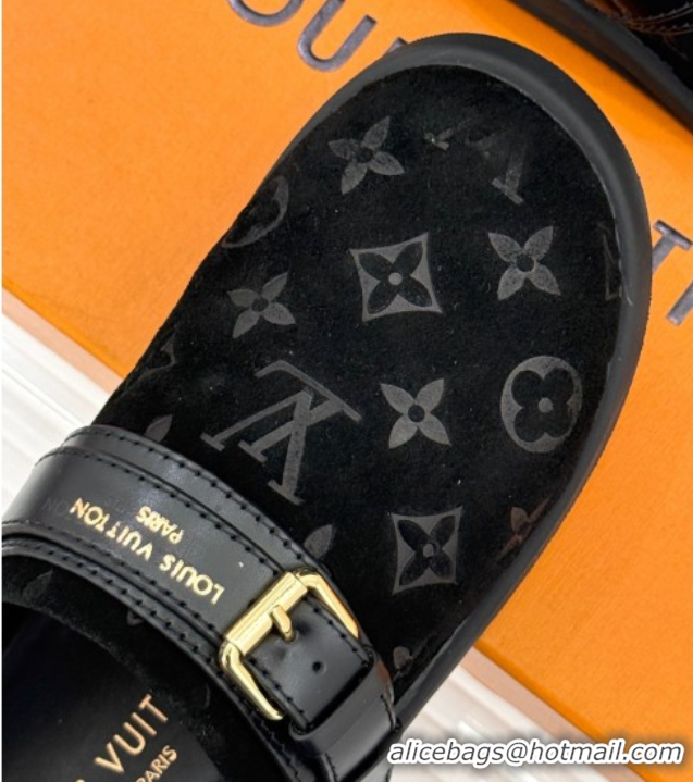 Purchase Louis Vuitton LV To-Go Flat Comfort Clog Mules in Suede with Buckle Black 1AHLVU 0829084