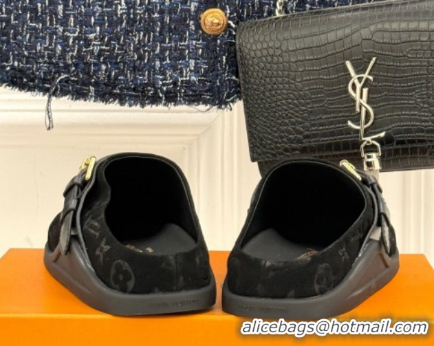Purchase Louis Vuitton LV To-Go Flat Comfort Clog Mules in Suede with Buckle Black 1AHLVU 0829084
