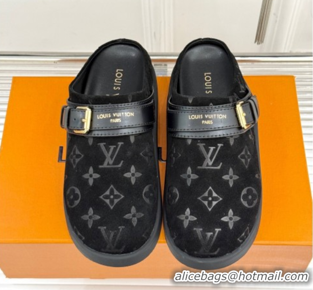 Purchase Louis Vuitton LV To-Go Flat Comfort Clog Mules in Suede with Buckle Black 1AHLVU 0829084