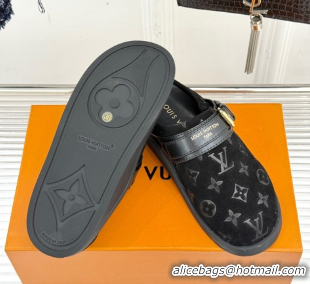 Purchase Louis Vuitton LV To-Go Flat Comfort Clog Mules in Suede with Buckle Black 1AHLVU 0829084