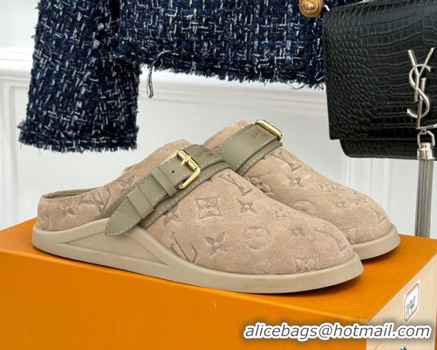 Expensive Louis Vuitton LV To-Go Flat Comfort Clog Mules in Suede with Buckle Beige2 1AHLVU 0829085