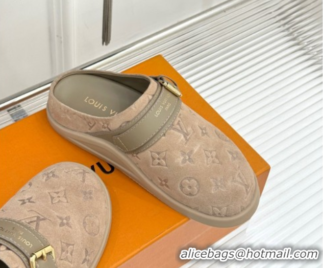 Expensive Louis Vuitton LV To-Go Flat Comfort Clog Mules in Suede with Buckle Beige2 1AHLVU 0829085
