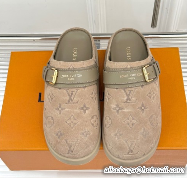 Expensive Louis Vuitton LV To-Go Flat Comfort Clog Mules in Suede with Buckle Beige2 1AHLVU 0829085