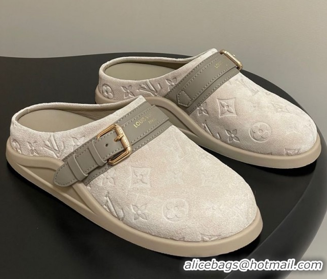 Pretty Style Louis Vuitton LV To-Go Flat Comfort Clog Mules in Suede with Buckle Beige Grey 2025 1AHLVU 0829086