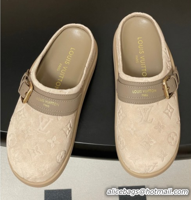 Pretty Style Louis Vuitton LV To-Go Flat Comfort Clog Mules in Suede with Buckle Beige Grey 2025 1AHLVU 0829086