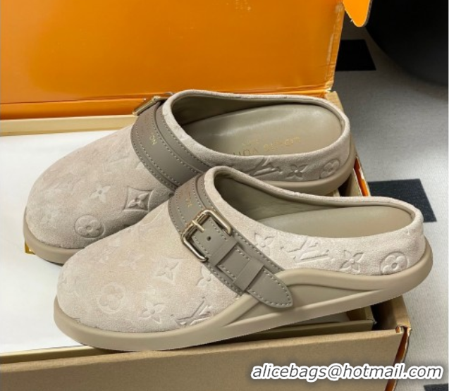 Pretty Style Louis Vuitton LV To-Go Flat Comfort Clog Mules in Suede with Buckle Beige Grey 2025 1AHLVU 0829086