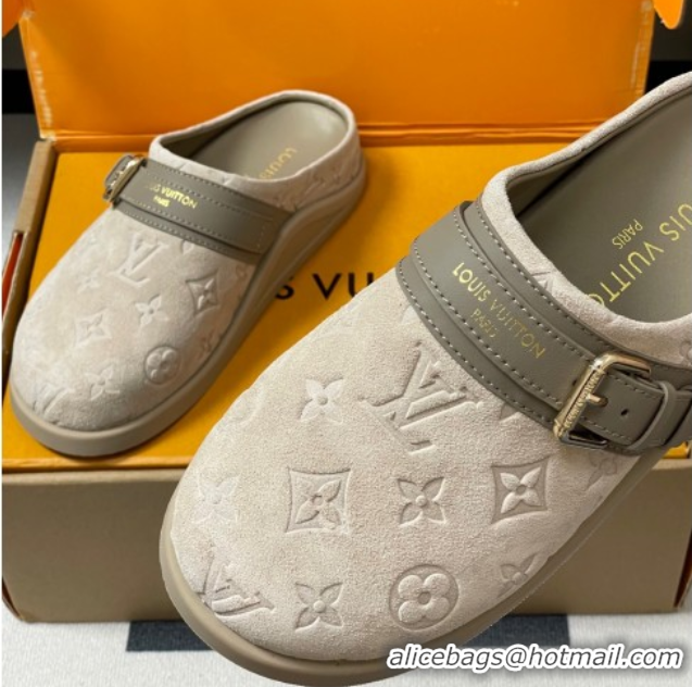 Pretty Style Louis Vuitton LV To-Go Flat Comfort Clog Mules in Suede with Buckle Beige Grey 2025 1AHLVU 0829086