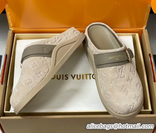 Pretty Style Louis Vuitton LV To-Go Flat Comfort Clog Mules in Suede with Buckle Beige Grey 2025 1AHLVU 0829086