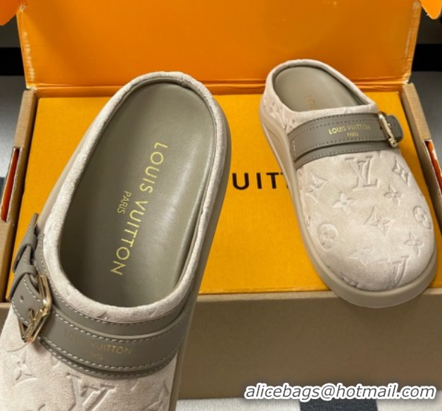 Pretty Style Louis Vuitton LV To-Go Flat Comfort Clog Mules in Suede with Buckle Beige Grey 2025 1AHLVU 0829086