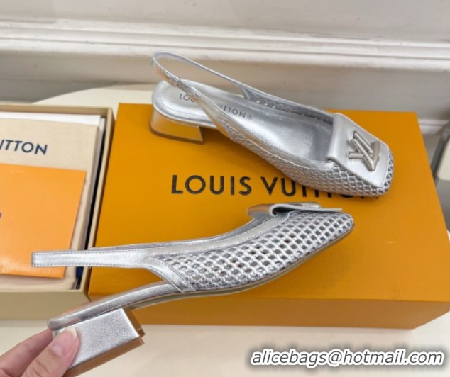 Cheap Price Louis Vuitton Shake Slingback Pumps 3cm in Metallic Perforated Leather 1AD0BX Silver