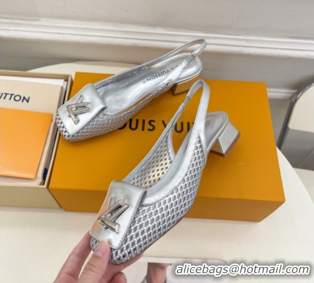 Cheap Price Louis Vuitton Shake Slingback Pumps 3cm in Metallic Perforated Leather 1AD0BX Silver