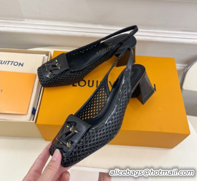 1:1 aaaaa Louis Vuitton Shake Slingback Pumps 5.5cm in Patent Perforated Leather 1AD0BX Black 0829097